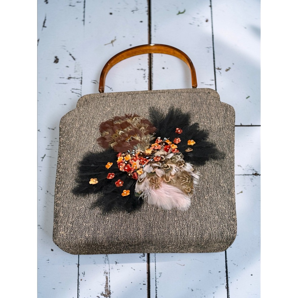 1950s -1960s Bermuda Artisan Tweed Top Handle Bag Brown Amber Lucite Handle